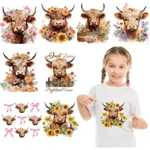 9 Sheets Highland Cow Iron on Transfers for T-Shirts, DTF Transfers Ready to Press Heat Transfer Vinyl, Cute Cow Sunflower Iron on Decals for Clothes Bag Pillow DIY Crafts