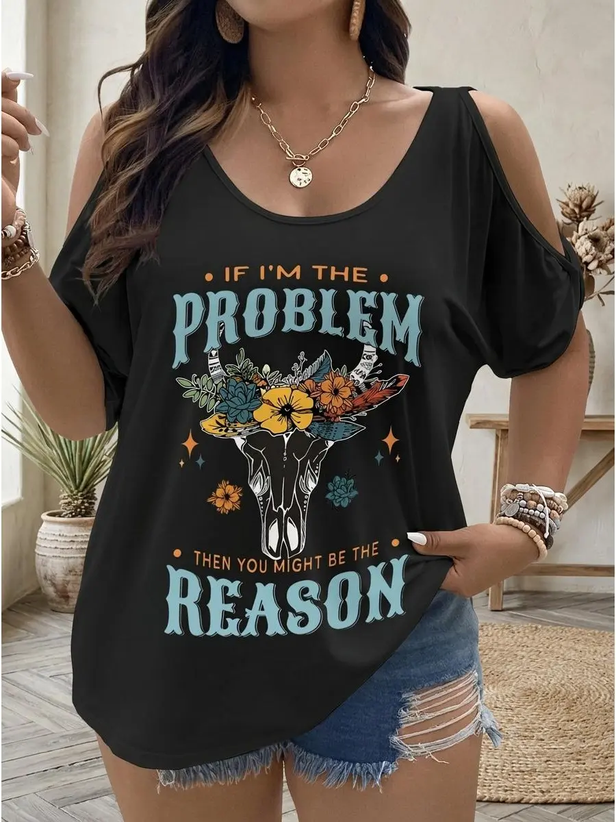 Women's Plus Size Oversized Graphic Tee - "If I'm the Problem, Then You Might Be the Reason" Skull & Floral Geometric Design T-shirt, Comfortable Cold Shoulder Short Sleeve Sleeveless Lace Accent Top, Perfect for Daily Wear & Gifts