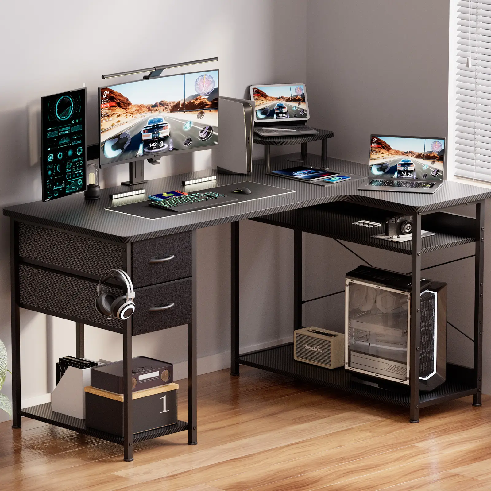 GTPLAYER Gaming Desk L Shaped, Carbon Fiber Style Computer Desk, Compatible with Monitor Arm Storage Shelves for Home Office Desks Easy to Assemble Fu