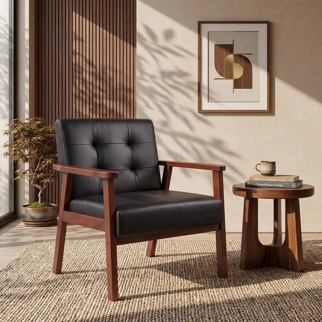 Modern Living Room Chair with Leather Upholstery and Wooden Frame for Comfortable Seating.