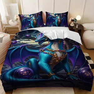 Bedding 3-piece set - 3PCS,Blue and Purple Dragon Magic Ball Decorated Down Comforter Set (1 comforter cover + 2 pillowcases, filling not included) -soft and comfortable, suitable for family bedrooms.