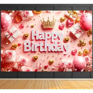 Pink Princess Birthday Backdrop Elegant Floral Style Polyester Fabric Photography Background Wrinkle Resistant HD Print Party Decor Photo Booth Setup