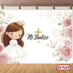 1PC,2D Flat Mi Bautizo Baptism Backdrop for Girl, Pink Floral Cartoon Princess with Crown & Dove, Cross Decor, 2D Flat Photo Booth Banner for Baby Girl's Christening Party Decoration, Hanging Background Cloth, Party Decorations Banners