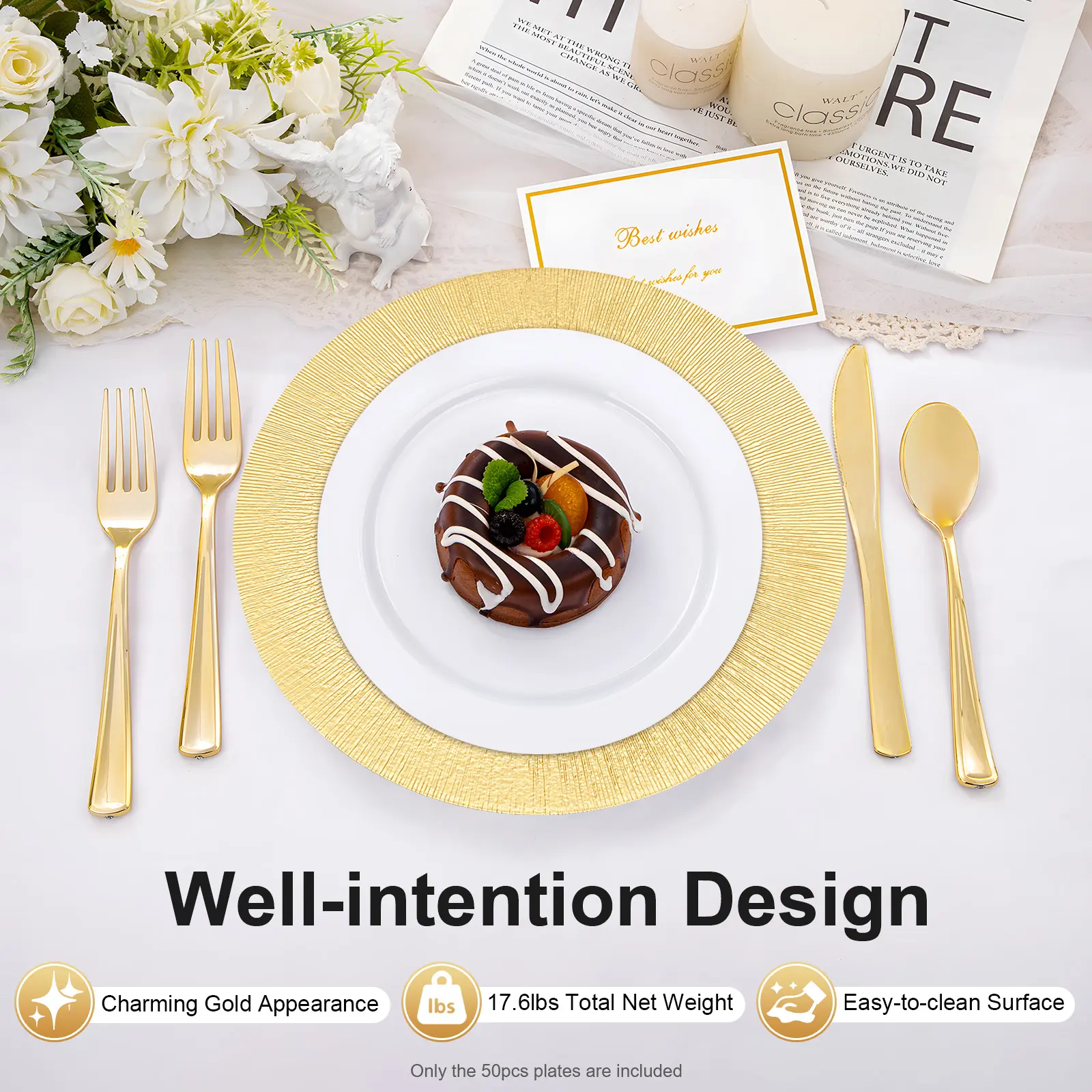 50-Pack Gold PP Charger Plates - 13in Round Elegant Table Decor Plates, Disposable, Polypropylene,summervibes