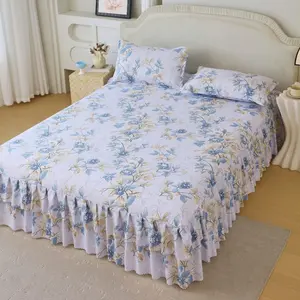 Floral Print Ruffled Edge Bed Skirt Set, 3 Counts/set Including 1 Bed Skirt & 2 Pillowcases without Filler, Comfy Bedding Set for Home Bedroom, All Seasons, Bedroom Decor, Christmas Gift