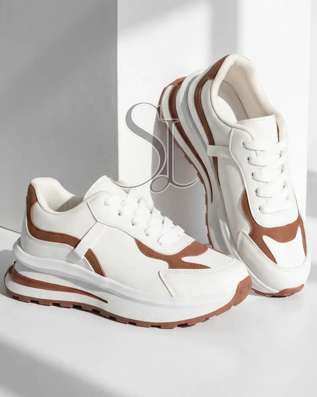 Women's Casual Lace-Up Platform Cloud Shoes - 3 cm High, Round Toe, White and Brown