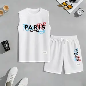 Men's PARIS Graphic Sleeveless Tank & Shorts Set, Sporty Streetwear for Summer, Casual Gym Activewear, Lightweight Two-Piece Outfit, Comfortable and Stylish, Perfect for Sports, Workout, and Daily Wear