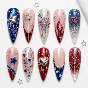 Luxury 4th Of July Press On Nails, 3D Charm Patriotic Nail Set, Chrome Holiday Art