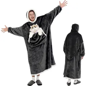 Wearable Blanket Hoodie with  Pouch,  Hooded Blanket Sweatshirt Blanket Robe for Men, Cozy Warm  Lover , Plus Size Dark Gray