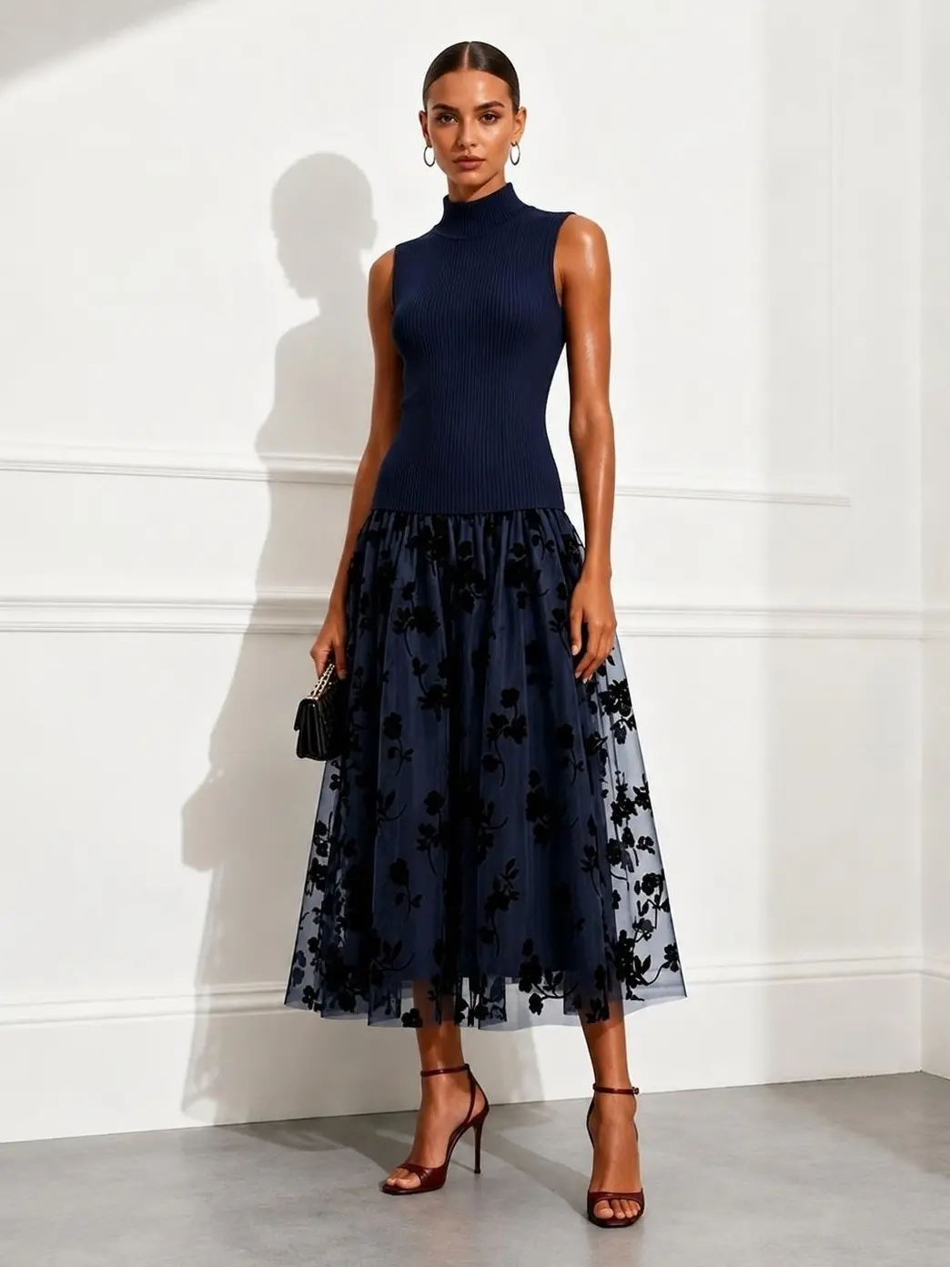 FEHAUTE Navy Blue High Neck Sleeveless Knit Midi Dress Flocked Floral Mesh Tulle A-Line Party Dress Elegant Cocktail Outfit
