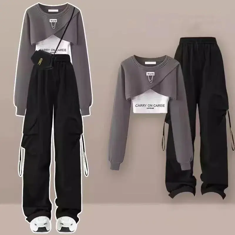 Women's Oversized Streetwear 3-Piece Set - Longsleeves Layered Crop Top, Multi-Pockets Asymmetrical Cargo Pants, Cuffed-Ankle, Loose Fit, Trendy Outfit for Casual & Street Style