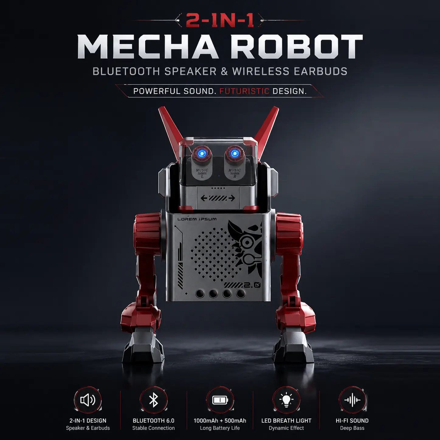 Hi 2-in-1 Mecha Robot Bluetooth Speaker & Wireless Earbuds, Cyberpunk Desktop Sound System w/ LED Breathing Lights & TF Card Slot, Mechanical Audio Setup for Gaming, Gift for Men Tech Lovers beats