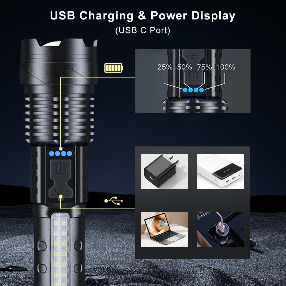 Super Bright High Lumens Rechargeable Flashlight - High Performance Multifunctional Flashlight with 7 Modes, COB Side Light, Portable Worklight for Emergency, Camping, High Performance Flashlight