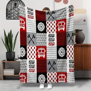 1pc Firefighter-Themed Blanket With Fire Truck, Fire Hydrant, & Fire Department Badge - Plaid & Fire Service Logos In Red/Black//White - All-Season Cozy Bedspread Or Couch Throw Firefighters