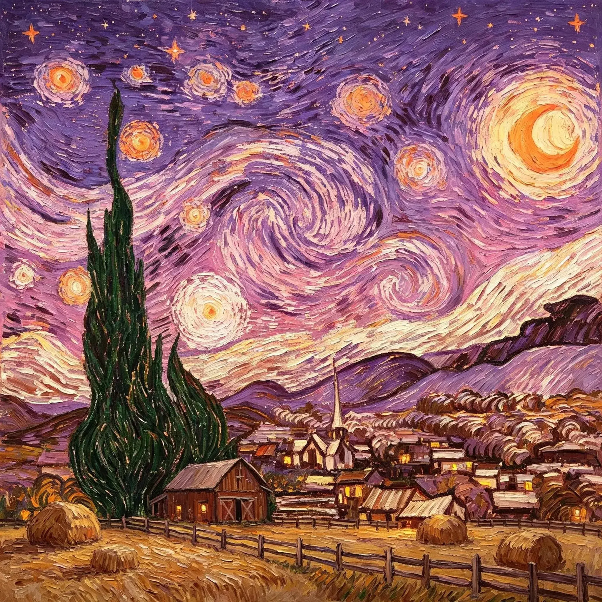 Purple Starry Night Rural Farm Village Diamond Art Kit - 11.8"×11.8"