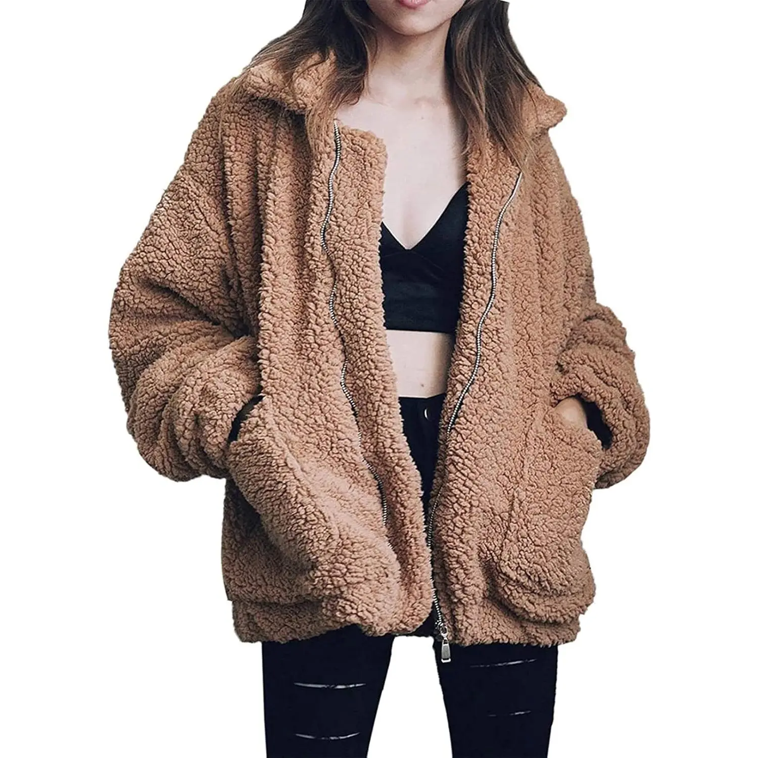 Women's Fuzzy Faux Shearling Teddy Fleece Jacket - Casual Long Sleeve Zip-Up Winter Outerwear, Polyester Oversized Warm Coat with Pockets, Multi-Size Including 3XL(US20-22)
