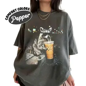 Comfort Colors Raccoon Drinking Iced Coffee Shirt, Retro Prehistoric Shirt, Gift For Animal Lover, Funny Animal Meme Tee, Coffee Raccoon Tee
