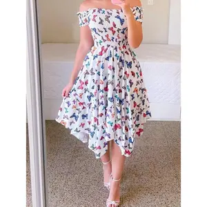 2026 Off-Shoulder Irregular Digital Print Midi Dress Women's Summer Breathable Dress