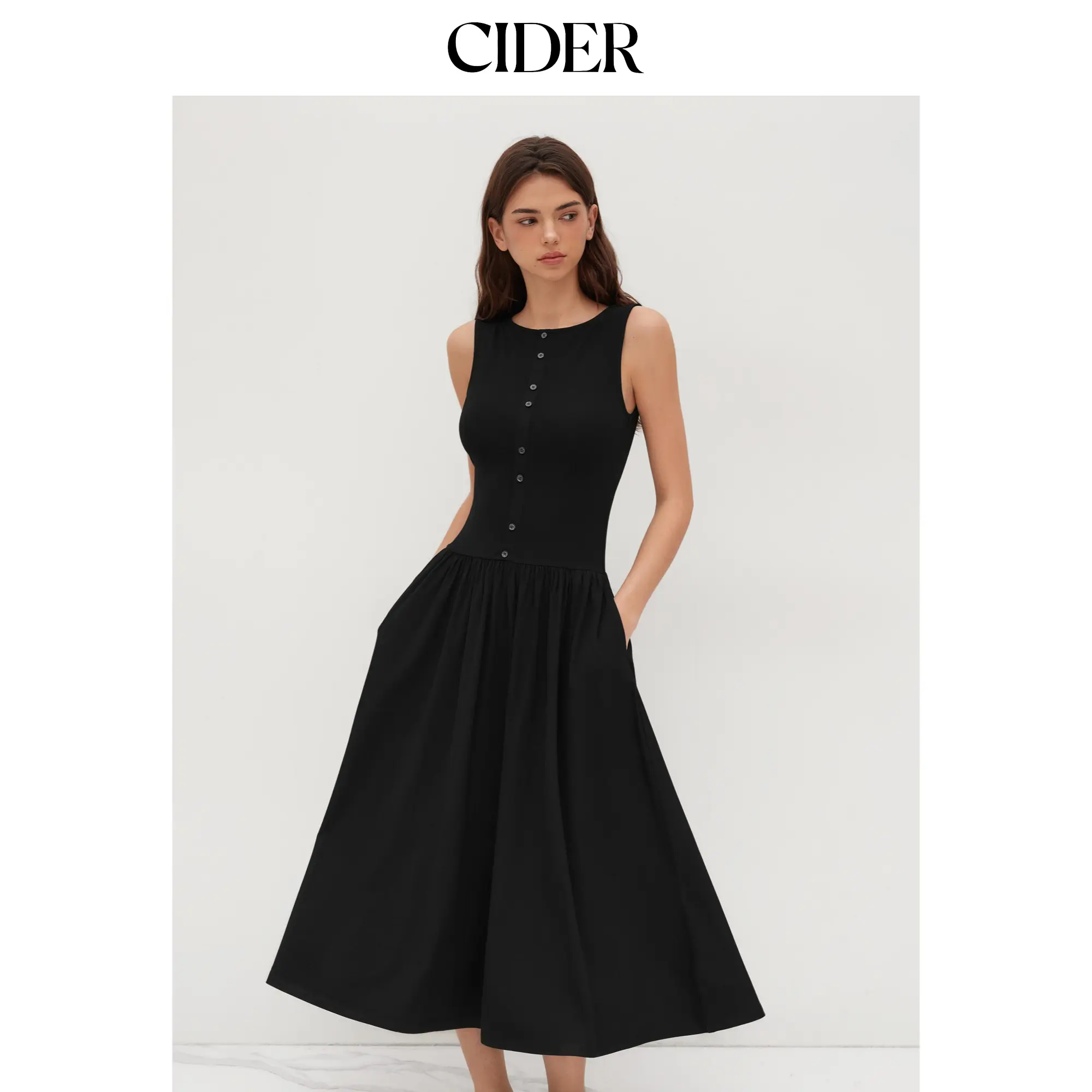 Cider Women's Boat Neck Button-Front Midi Dress | Ruched Hem & Functional Pockets for Casual, Business & Formal Wear