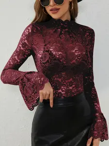 2026 New Sexy Cashew Flower Lace Print Slimming Outerwear Inner Layer Long Sleeve Flare Sleeve Top for Women, Stylish and Comfortable Fashion