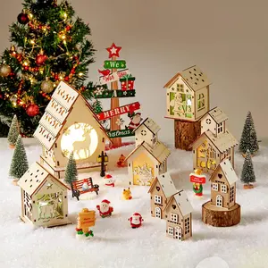 29pcs Lighted DIY Wooden Christmas Village Sets Wood Houses to Paint with Xmas Miniatures Trees Winter Snow Xmas Display Ornaments Craft Gift