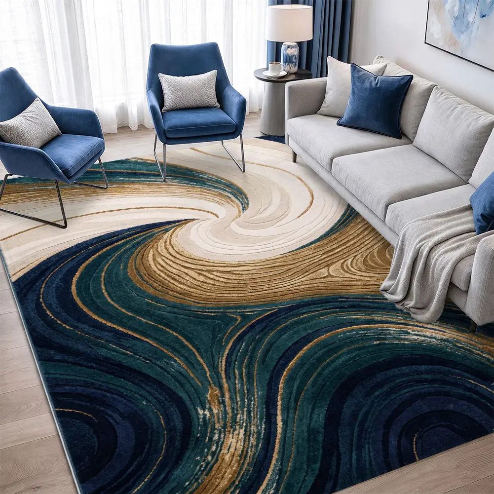 Modern Teal and Gold Velvet Area Rug, Abstract Vortex Living Room Carpet, Elegant Home Decor, Apartment Essentials