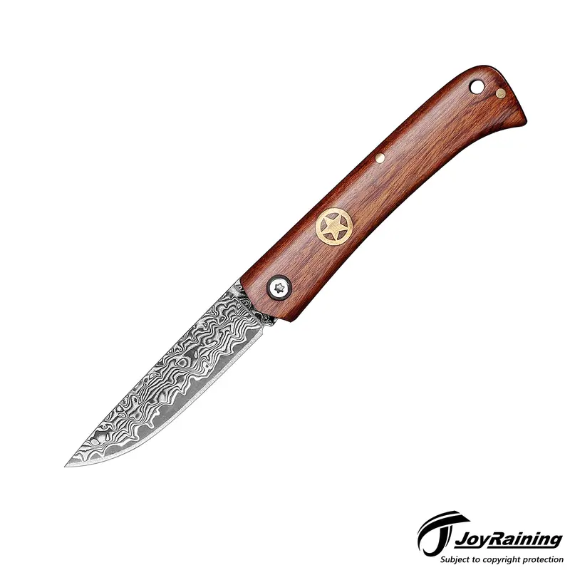 JoyRaining LuckyStar Classic Folding Pocket Knife - Damascus Pattern Blade, Rosewood Handle Slip Joint EDC Fishing Tool, Compact Collectible Gift for Men, Premium Knives Alternative