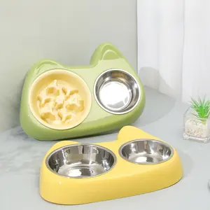 New Bagged Cat Bowl Big and Small Eyes Slow Feeder Stainless Steel 2-in-1 Pet Bowl Pet Supplies