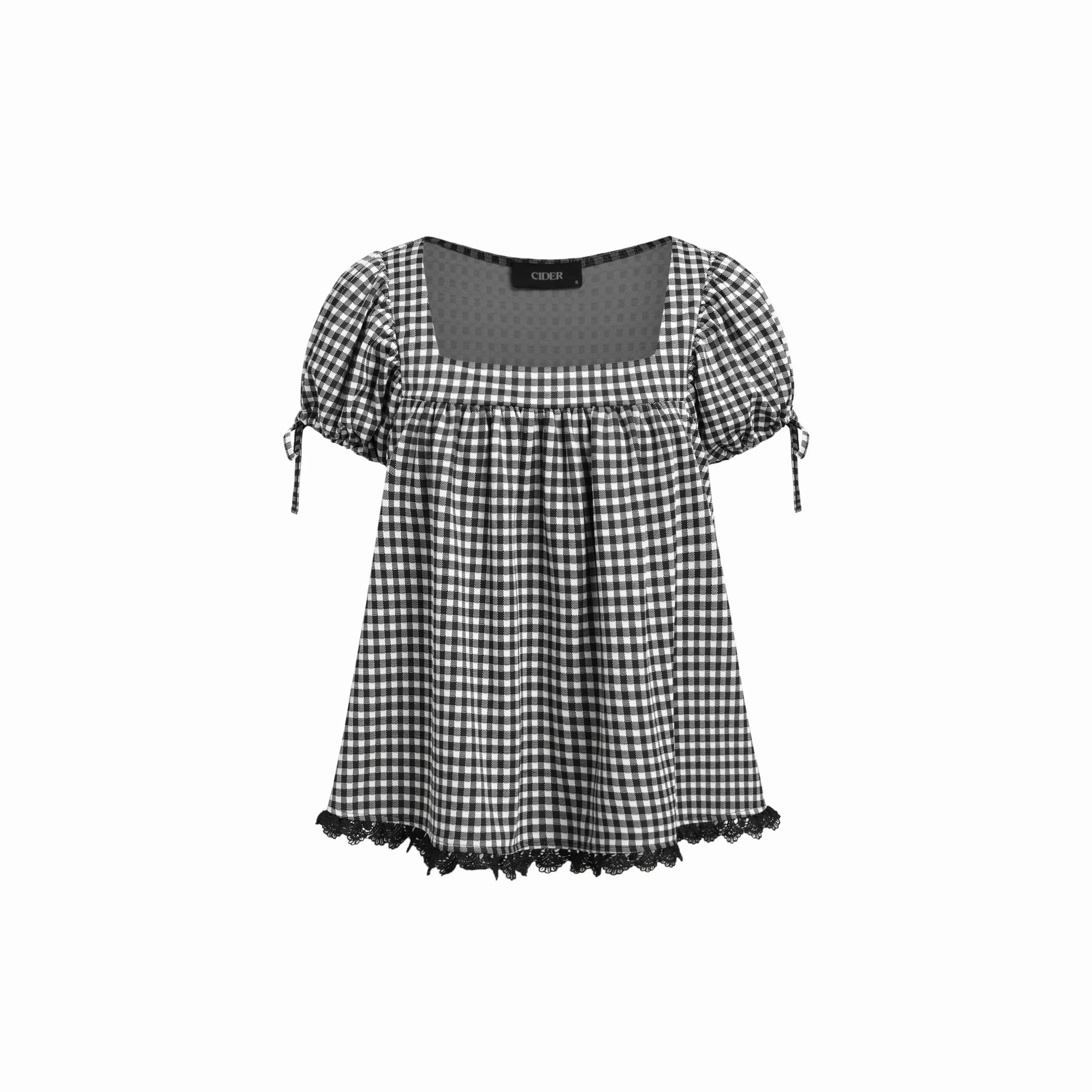 Cider Square Neck Puff Sleeve Plaid Drawstring Blouse, Tops, Shirts, Women, Shortsleeve, Casual