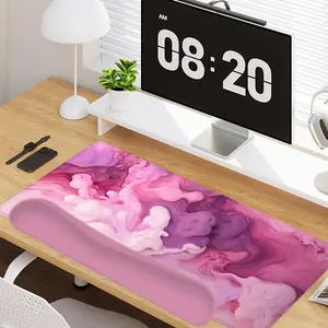 4 - in - 1 Pink - Purple Fluid Art Elements Large Gaming Mouse Pad + Keyboard Wrist Rest + Mouse Pad with Wrist Support + Coaster Set with Ergonomic Design for Home Office Table Computer, Rubber Base Mousepad with Stitched Edges, Easy Typing Pain Relief