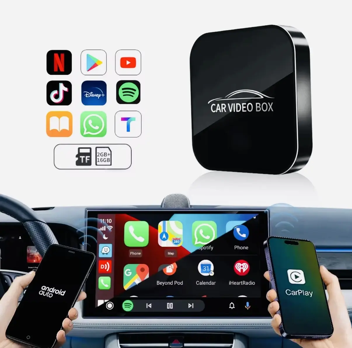 CarVideoBox CarPlay Android Box Wireless Adapter with 1GB RAM No Warranty Streaming Services Included