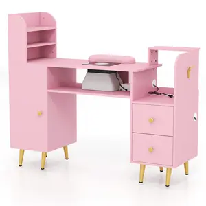 Nail Table Nail Station with 3 Cabinet in Pink Color Featuring Drawers and Shelves for Organized Storage