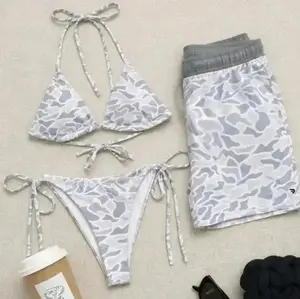 [Hot Summer 2026] Gray Camo Matching Couple Bikini and Beach Shorts Set