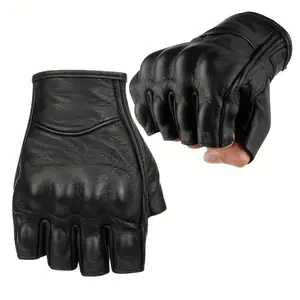 Fingerless Leather Gloves for Men Black Breathable Leather Riding Motorcycle Gloves Summer Driving Cycling Half Finger
