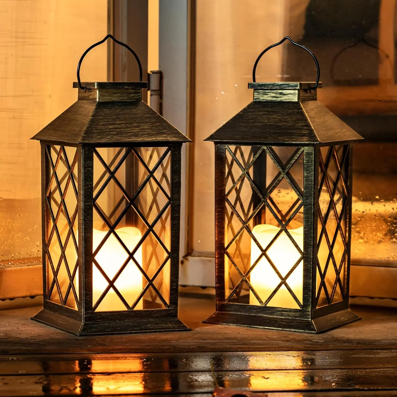 2PCS 13'' Bronze Solar Outdoor Lights, Waterproof Hanging Lanterns with Flickering Flameless Candles, IP44 Durable ABS Material, Decor for Patio Porch Backyard Back to School Summer Sale Deals