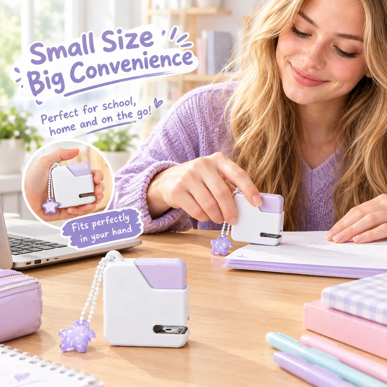 1 Count Mini Portable Stapler, Cute Star Beaded Keychain Design, Small Compact Stapler for School, Home and Travel Daily Document Binding