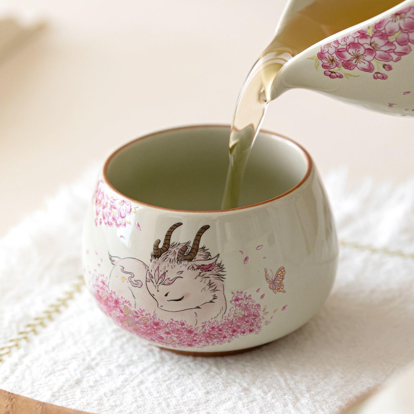 A424. Cute Pink Ceramic Tea Cup with Plant Ash Glaze and Lucky Deer Design — Personalized Tea Cup