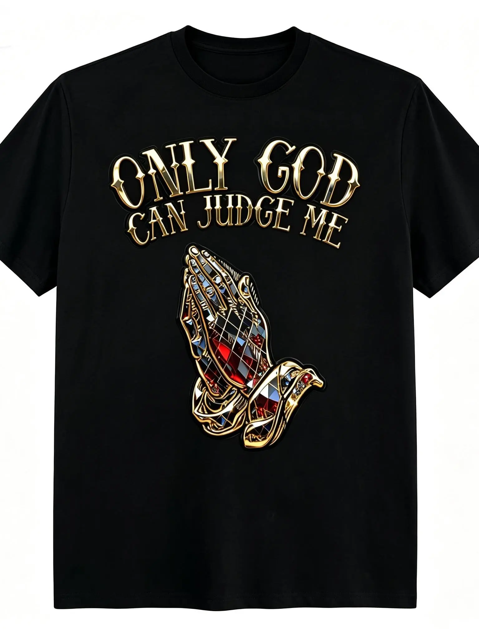 "Only God Can Judge Me" Unisex T-Shirt for Men & Women - Jeweled Praying Hands Gold Graphic, Soft Cotton Crew Neck Short Sleeve, Comfortable All-Season Tee, Perfect for Everyday Casual & Streetwear Style, Summer Spring, Machine Washable