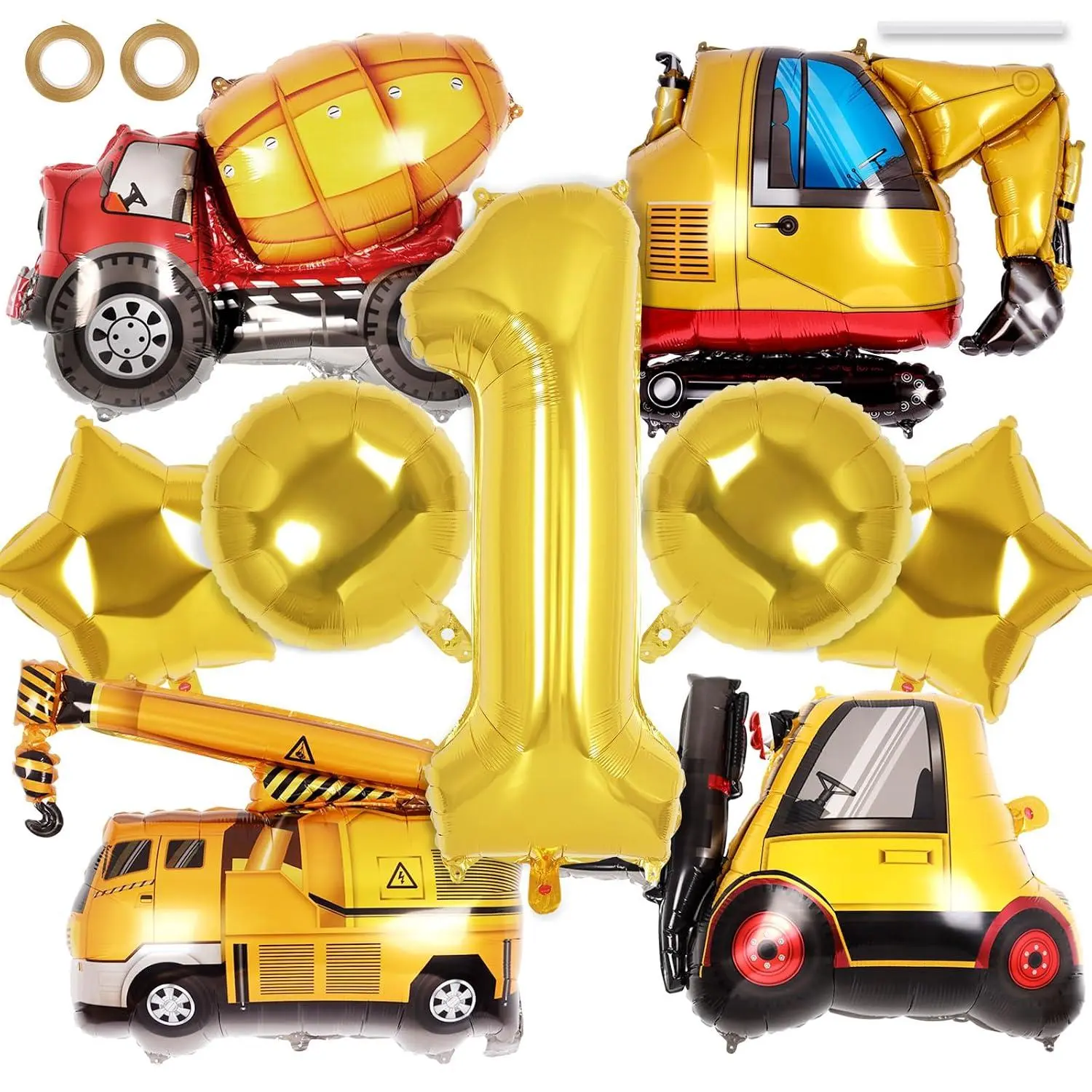 9 Pcs Construction Balloons, Gold Foil 40 Inch Number 1 Star Round Balloons, Excavator Truck Forklift Mixer Crane Balloon For Construction Themed 1St Birthday Party Supplies (Construction-1St)