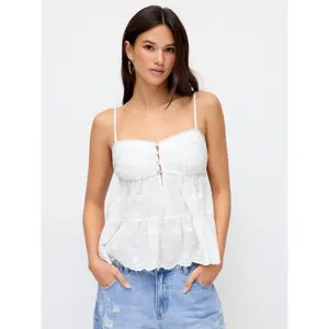 Cider Cotton-blend Lace Trim Embroidery Ruffle Hem Cami Top SummerWins