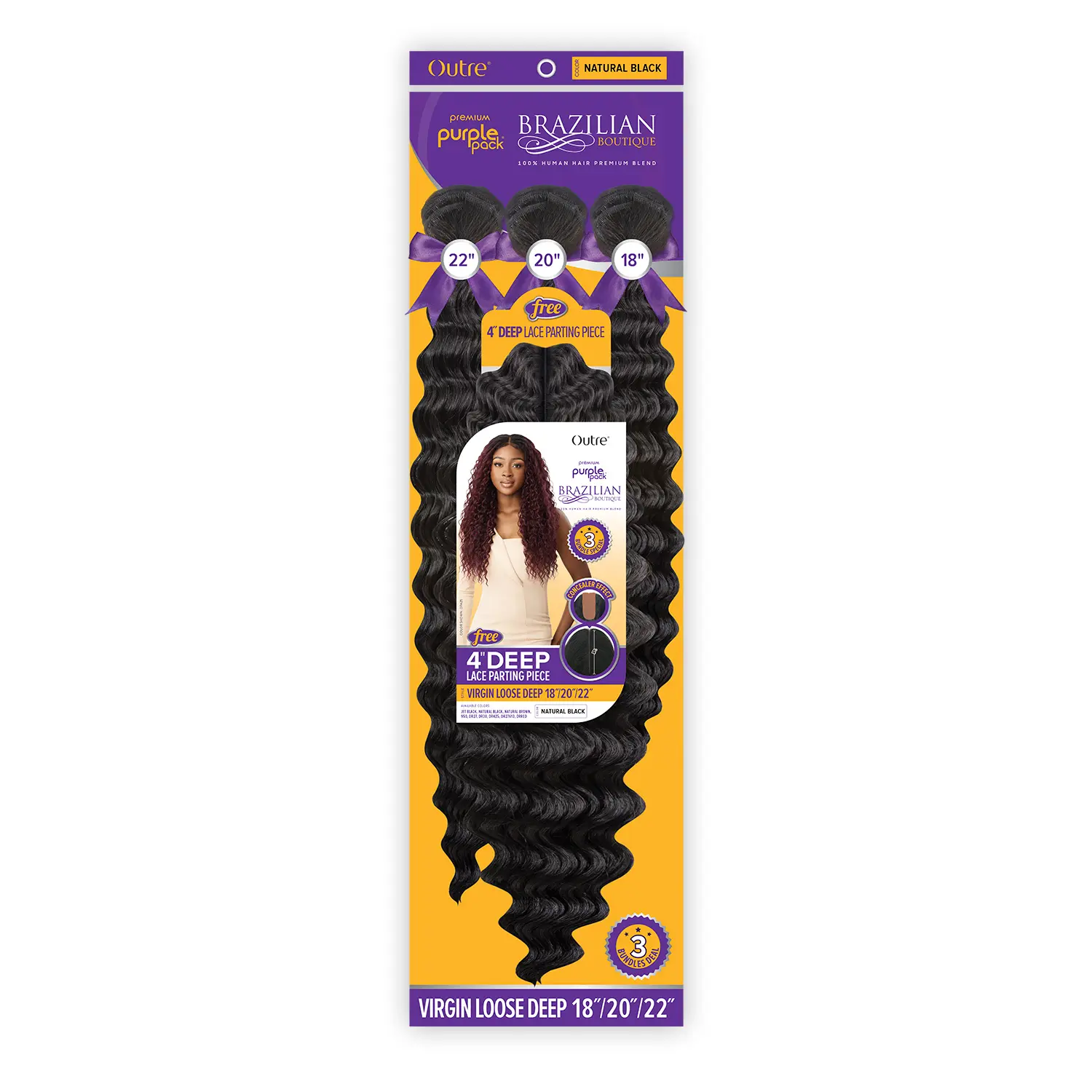 Outre Purple Pack Brazilian Boutique Loose Deep Weft Extensions, Human Hair Blend 3 Bundles 18"-22" with Free 4" Lace Closure, Loose Deep Human Hair Blend, Long Layers, Unisex, Curly Hair Bundles, 4" Deep Lace Parting Piece
