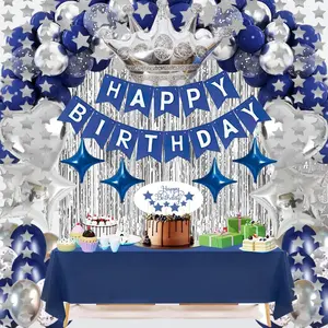 Navy Blue Happy Birthday Party Decorations Set for Men Women , Banner, Star Garland ,Crown Balloon ,Fringe Curtains, Cake Topper,tablecloth for 16th 18th 21st 25th 30th 40th 50th Party Supplies