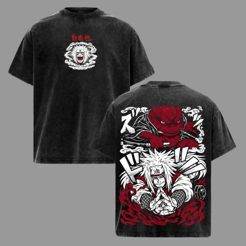 Men's Retro Vintage Jiraiya Crewneck T-Shirt - Premium Cotton, Relaxed Fit, Double-Sided Washed Unisex Streetwear, Naruto Legendary Sannin Anime Graphic Top