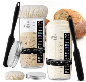 Glass Sourdough Starter Jar 2 Pack, 24 oz Wide Mouth Organic Sourdough Starter Kit with Date Marked Band, Thermometer, Cloth Cover & Metal Lid, Reusable Bread Baking Supplies, Bread Making Accessories