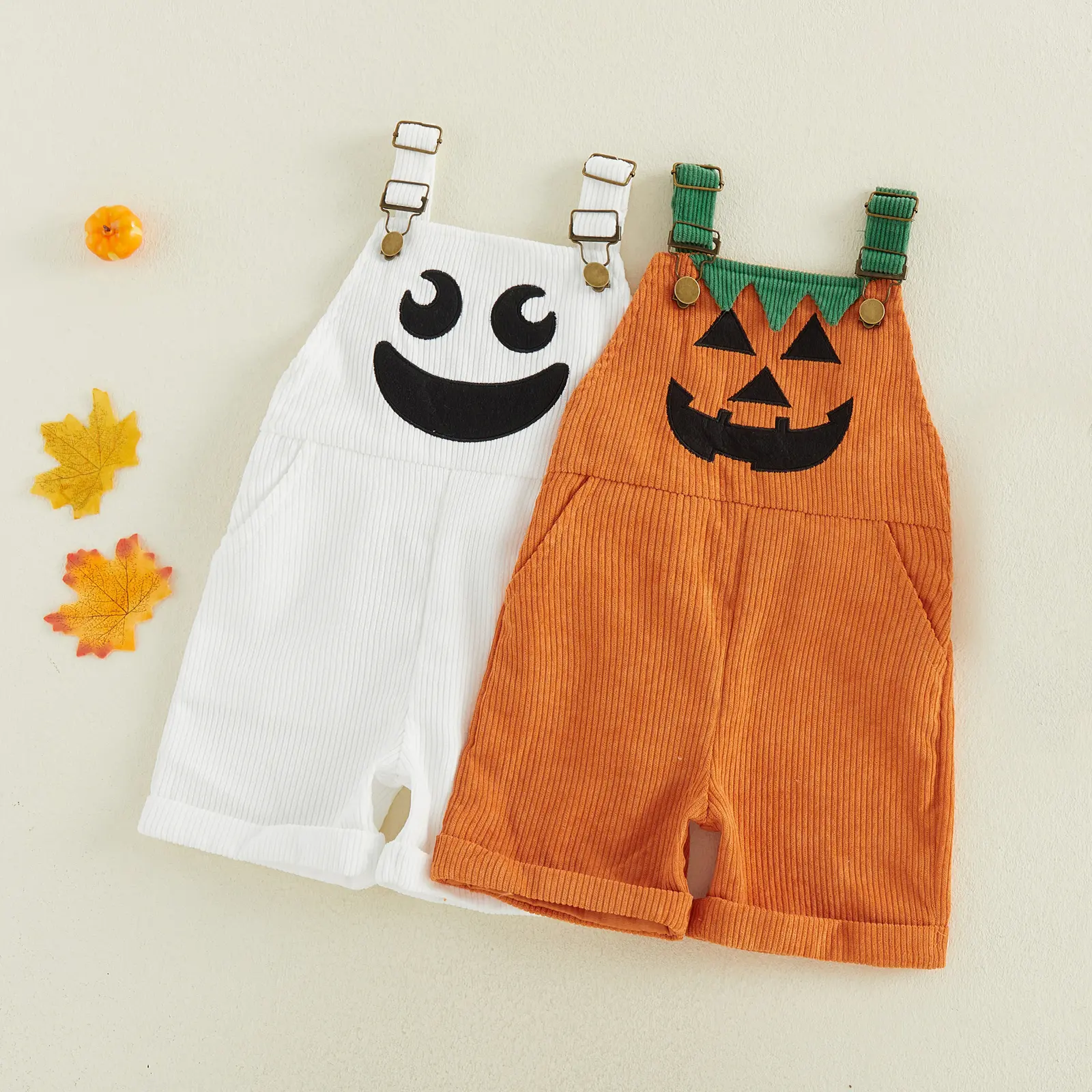 Halloween Themed Toddler Corduroy Overalls Ghost & Pumpkin Two Designs Soft Thick Wale Corduroy Kids Suspender Shorts For Family Gathering Kindergarten Party Sibling Matching Outfit