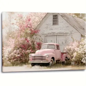 2D canvas, 1 piece vintage farmhouse wall decor--Pink truck and barn rustic style wrapped canvas, soft light pink and beige tones, rustic barn and floral background--ready to hang in the living room or kitchen, suitable for farmhouse style decoration