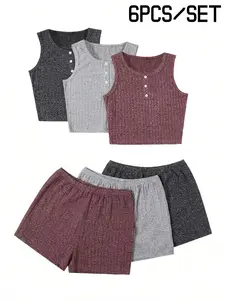 Women's 6-Piece Ribbed Henley Tank Top Short Sleeve & Shorts Everyday Loungewear Set | #LoungewearSet #6PieceSet #RibbedSet