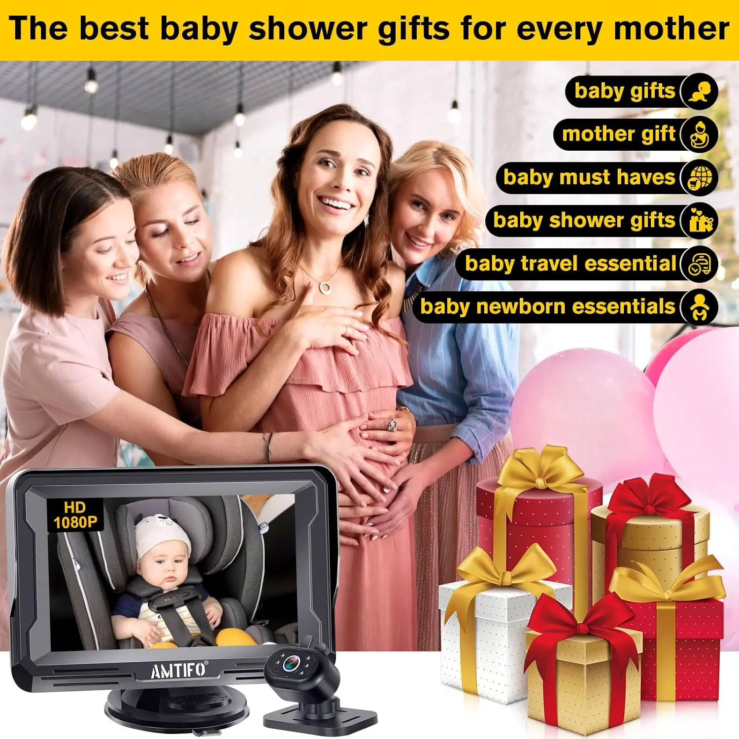 AMTIFO Baby Car Camera Easy Install: Clear Night Vision 2Mins Plug-Play Backseat Camera 360 Rotation Rear Facing Car Baby Monitor with Camera
