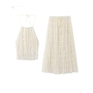 Womens 2 Piece Summer Outfits Chiffon Halter Backless Crop Top and Flowy Tulle Ruffle Maxi Skirt Sets