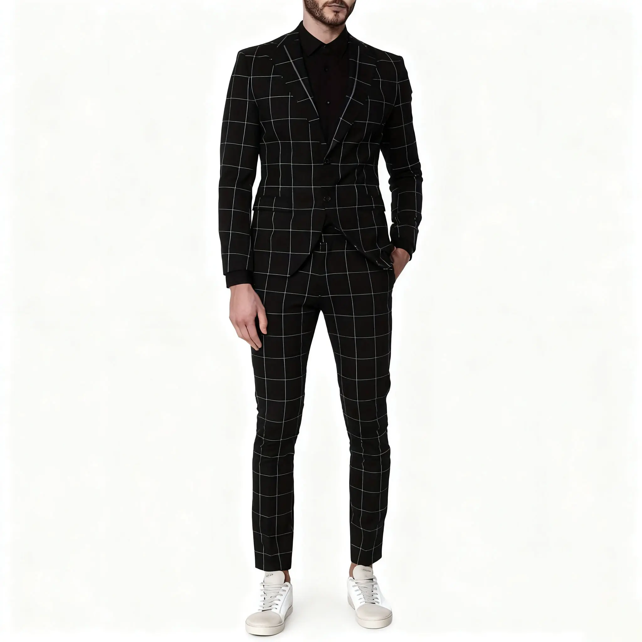 Black & White Plaid Men’s Slim-Fit Suit Set | Sleek Modern Outfit for Date Night/Parties | Turn Heads Everywhere bedazzled  suit business jacket luxury  suits Plaid Prom Suit Set Single Breasted Suit men 2 piece sets slim Blazer Trouser Formal Wear